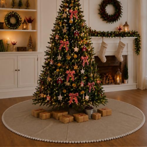 Syhood 84 Inch Extra Large Christmas Tree Skirt Linen Burlap Tree Skirt