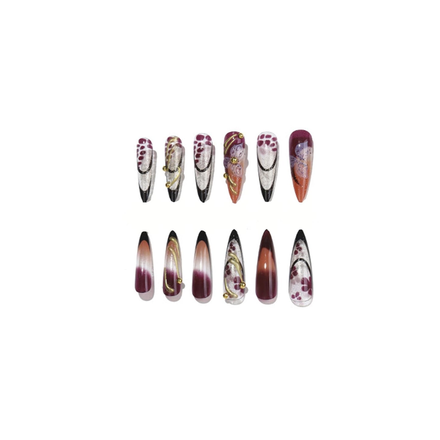 SINHOT Stiletto Press on Nails Long - Long Fake Nails, Glossy Finish, 3D Flowers & Gold Chrome, DIY Artificial False Nail Art - 24 Pcs Nail Kit with Glue