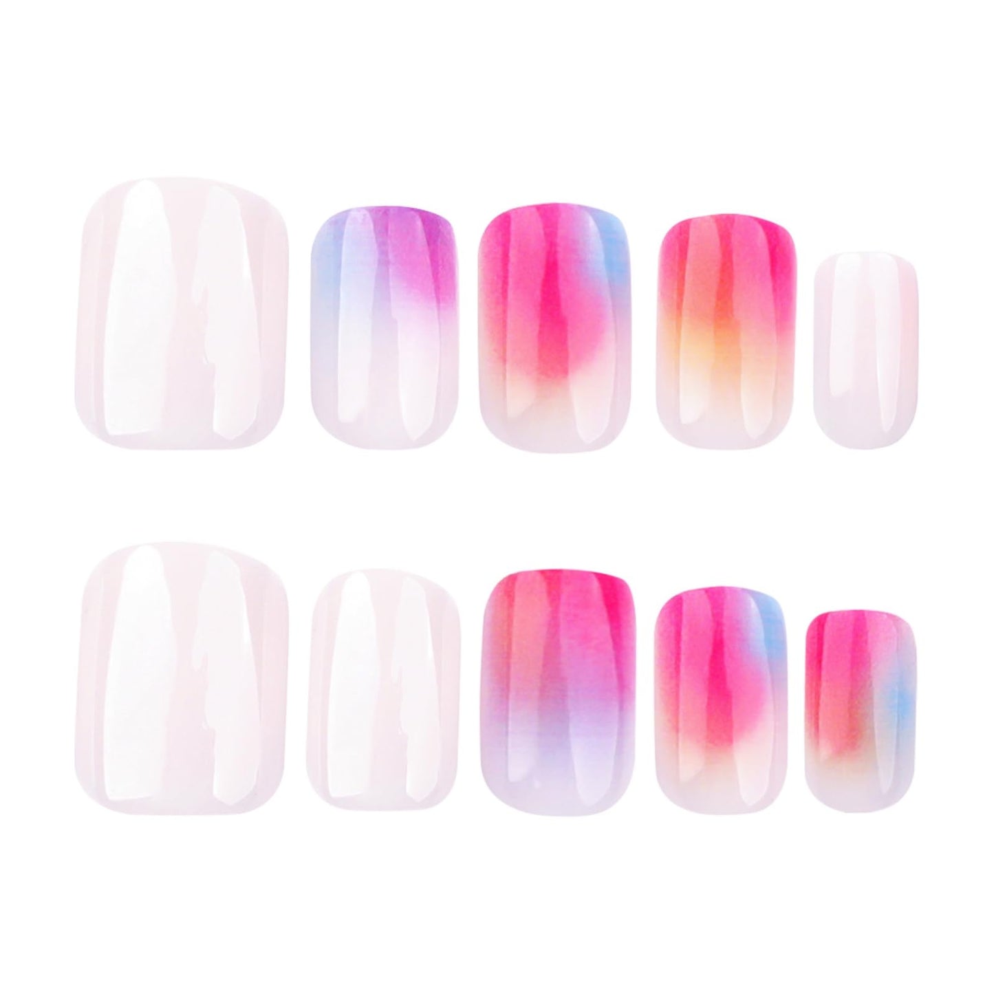Gentle Claws Haute Press On Nails | Nubela | Gradient Pink, Blue, Orange Multicolor Short Square Nails with Shimmery Glossy Finish