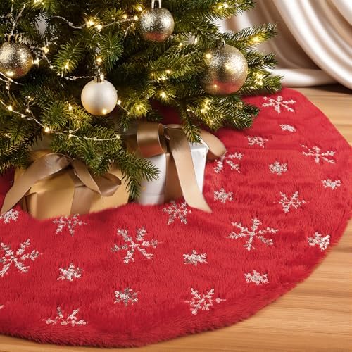 30" Red Plush Faux Fur Christmas Tree Skirt with Silver Sequin Snowflakes