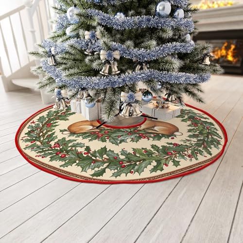 Rabbits Christmas Tree Skirt by Leo Walker Red White Cloth Christmas Tree Base Cover Skirts Decor for Xmas Party Holiday Home Garden Tree Skirt 36 Inch