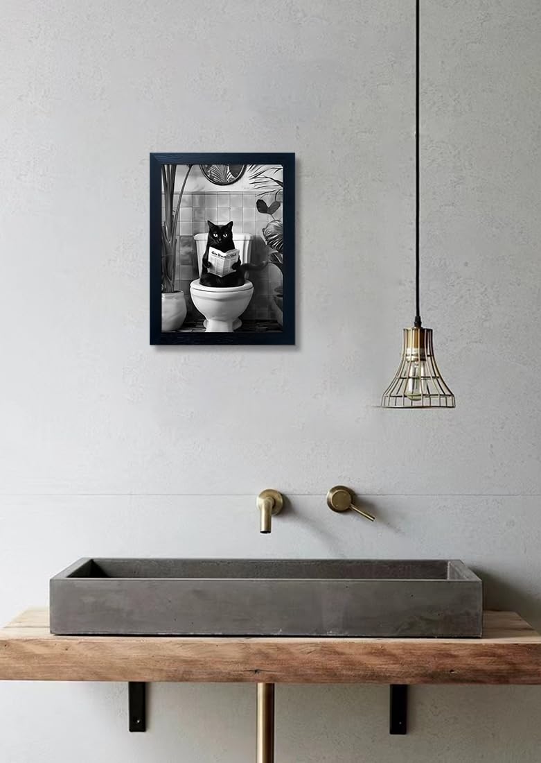 Black and White Bathroom Wall Decor Funny Black Cat Sitting on Toilet Reading Newspaper Humorous Bathroom Wall Art Small Framed Animal Canvas Print Artwork