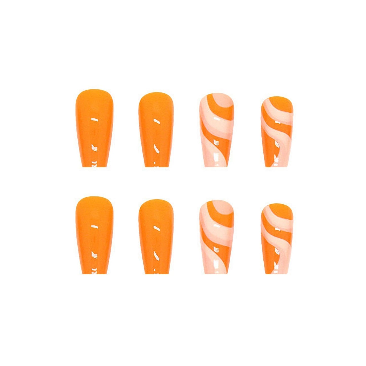 MISUD Press on Nails - Long Coffin Glue on Nails with Orange Swirl, Acrylic Summer Design 24 pcs