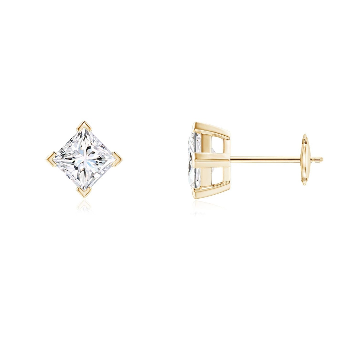 Princess-Cut Lab-Grown Diamond Stud Earrings V-Prong Set 14K Solid Gold (1 carat, 4.4mm, Color-H, Clarity-SI2)