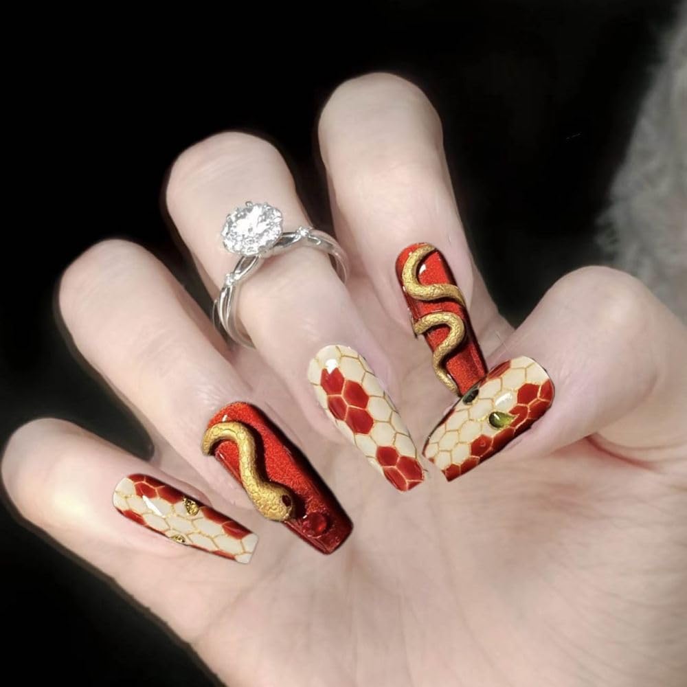 QQPPOLIU Red Press on Nails Coffin Shape Glue on Nails with Snake Pattern Design Fake Nails Long Nails Press Ons for Women and Girls 24Pcs