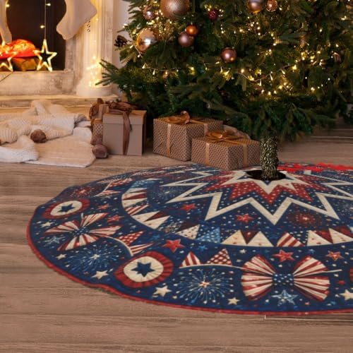 4th of July Christmas Tree Skirt Xmas Tree Skirt, Winter Christmas Tree Mat for Home Party Holiday Indoor Outdoor Decorations