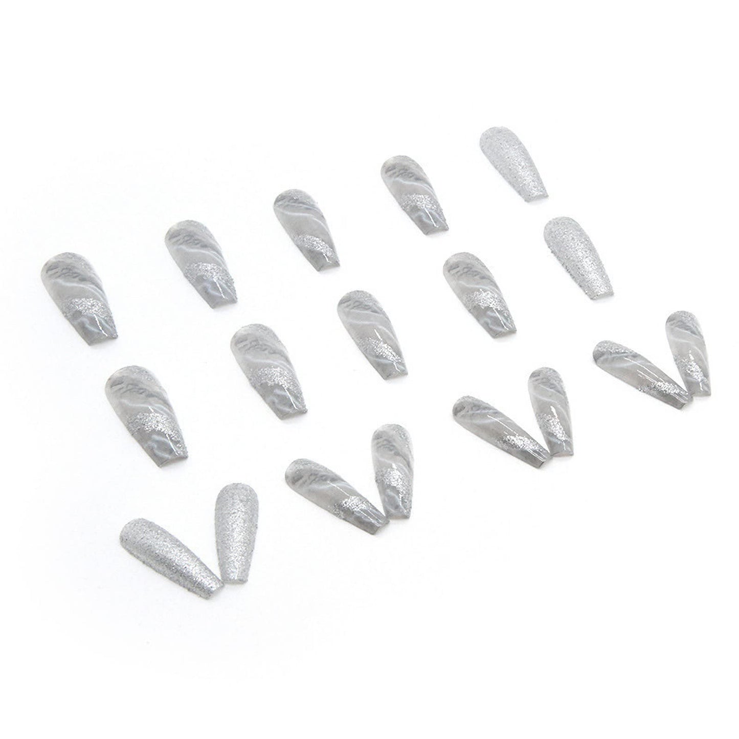 MISUD Press on Nails - Long Coffin Glue on Nails with Gray Ombre, Acrylic Bling Glitter Design 24 pcs