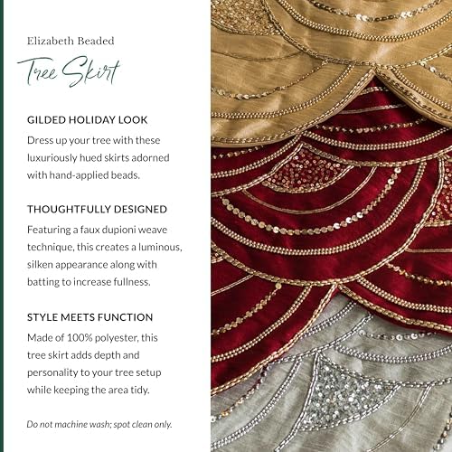 Balsam Hill Elizabeth Beaded Christmas Tree Skirt - Cranberry, Silver & Gold Luxury Tree Skirts with Hand-Applied Beads for Tree Decor, Silver, 60"