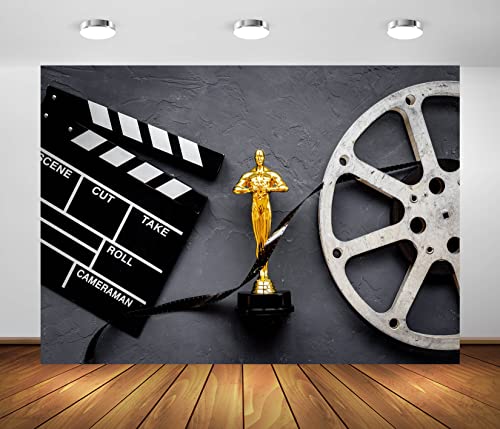BELECO 15x8ft Fabric Movie Theme Backdrop for Photography Golden Movie Award Statue with Film Reel Video Tape and Clapper Board Background for Movie Night Theme Party Decorations Portrait Photo Props - size: 15x8FT
