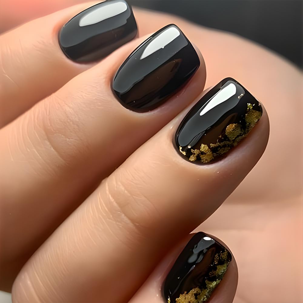 Black Press on Nails Short Square Fake Nails Gold Foil Glue on Nails Glossy Acrylic False Nails Reusable Manicure Art Nail Kit Black Full Cover Stick On Nail for Women 24Pcs