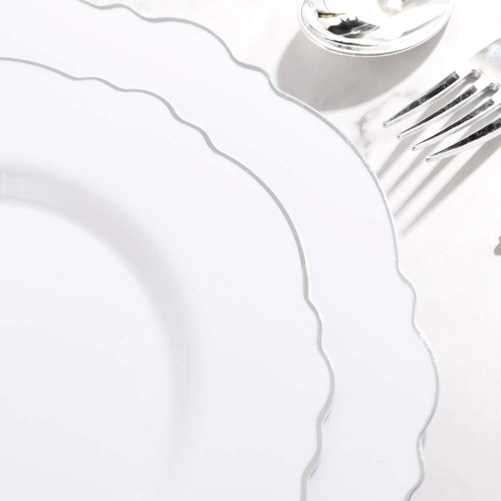 WDF 60pcs Silver Plastic Plates-Baroque White &Silver Plates for Upscale Parties &Wedding-including 30Plastic Dinner Plate 10.25inch, 30 Salad Plate 7.5inch for Christmas