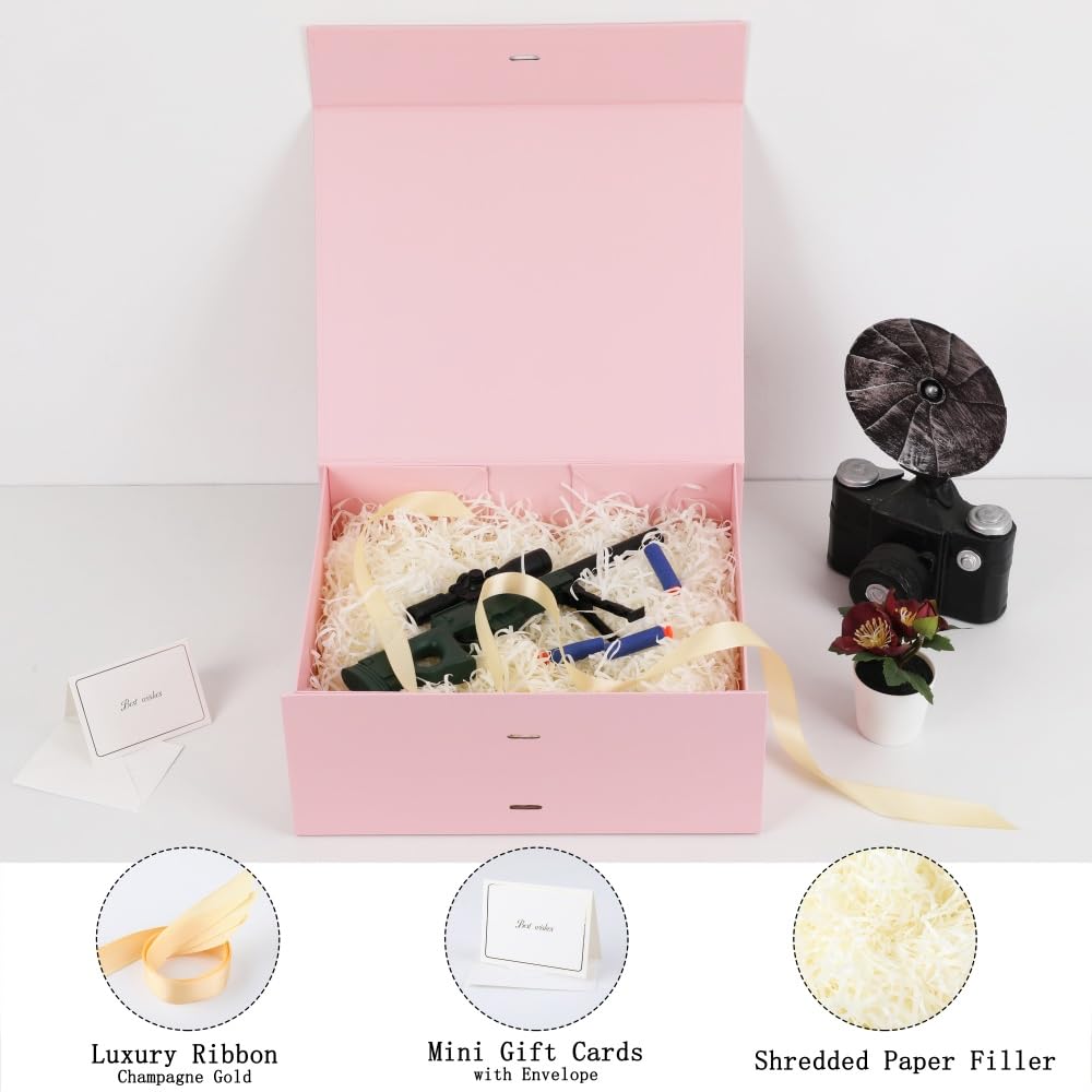 BoxSkivra Large Gift Boxes with Lids 5 Pack 13X11X5.3 Inch Large Pink Gift Box with Ribbon Foldable Gift Boxes for Presents、Graduation、Birthdays、Valentine's day、Shredded Paper for Gift Box with Cards