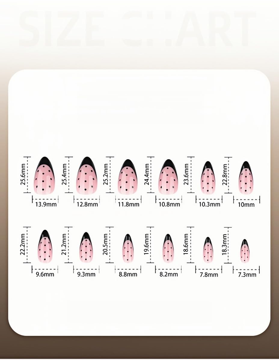 Polka Dot Press on Nails - Medium Almond Fake Nails with Black French Tip Designs False Nails Glossy Glue on Nails Reusable Full Cover Stick on Nails for Women Manicure 24Pcs
