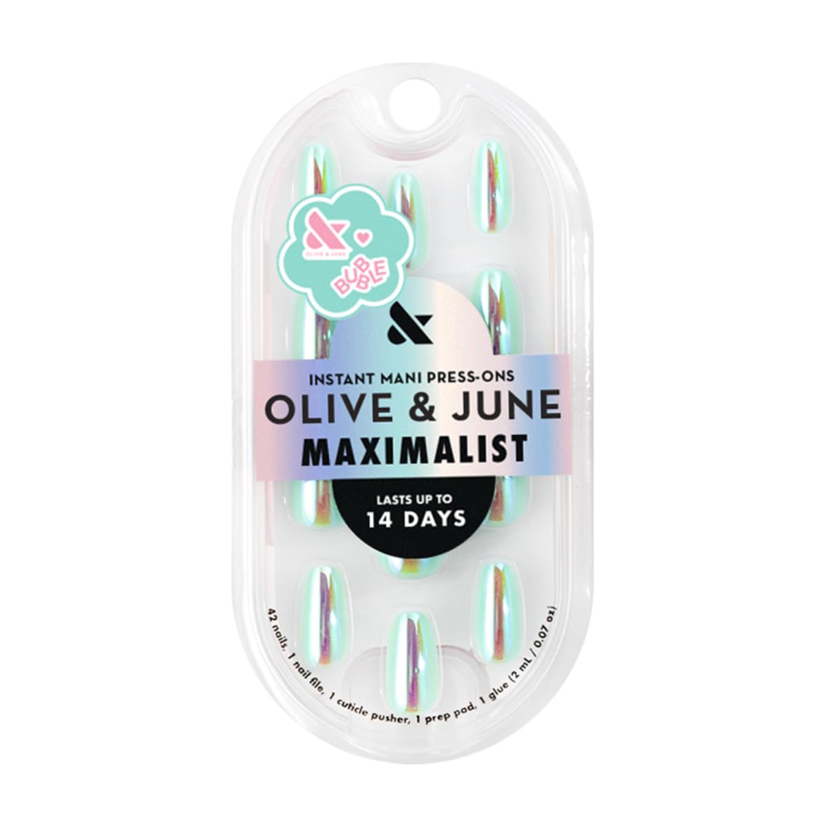 Olive & June Maximalist Instant Mani Press-On Nails (Glue) | 42 Fake Nails, 21 Sizes | Non-Toxic, Long-Lasting Big, Bold Gorgeous Realistic Look | Salon-Quality | Medium, Coffin | Teal Glass Chrome