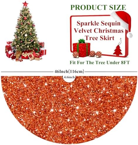 FUHSY Orange Tree Skirt Large Christmas Tree Skirt 48 Inch Halloween Tree Rugs Glitter Sequin Tree Cover Xmas Decorations Fall Thanksgiving Tree Mat Sparkly Christmas Skirts Tree for 6ft Xmas Trees
