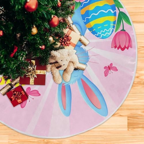 Blue Bunny Easter Eggs Christmas Tree Skirt 47.2 Inches Pink Flowers Butterflies Rabbit Xmas Tree Skirts Floor Door Mat Decorations for Holiday Party Indoor Outdoor Home Office Christmas Day Ornaments