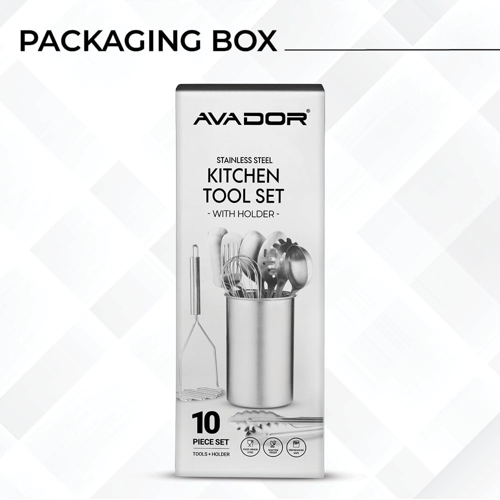 Avador® Premium Set of 10 Stainless Steel (WHITE HOLDER) Kitchen Tool Set with Holder Easy To Clean, Space Saving, Great for Cooking, Baking, Prepping (WHITE)