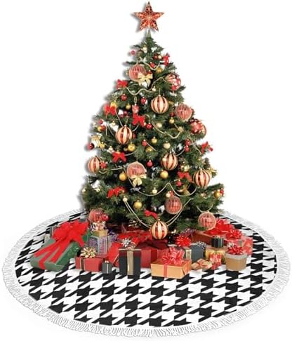 Xmas Tree Skirt 48" Inch,Black and White Houndstooth White Tassel Edge Rustic Christmas Tree Skirts for Party Holiday Decorations Xmas Ornaments