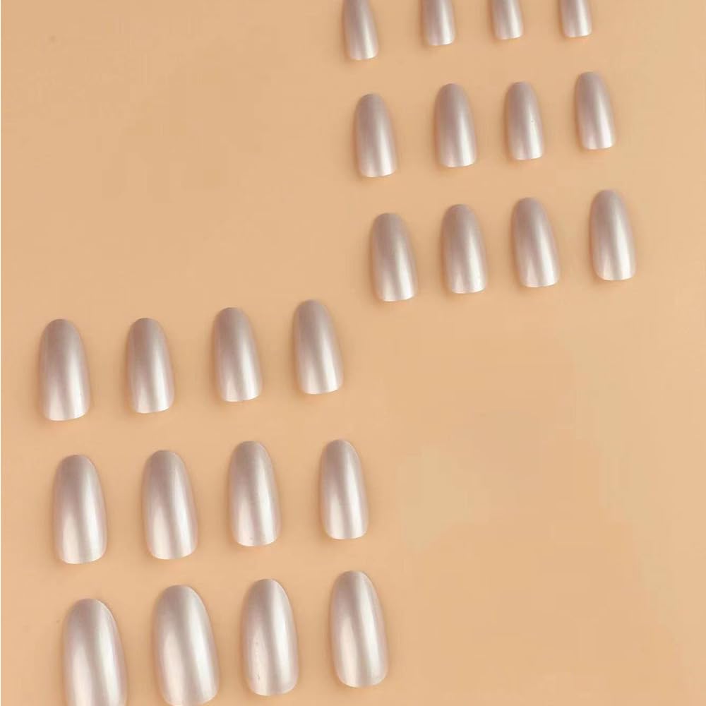 Medium Almond Press On Solid White Glossy False Nail Full Cover Acrylic Stick On Glue On Nails - 24Pcs