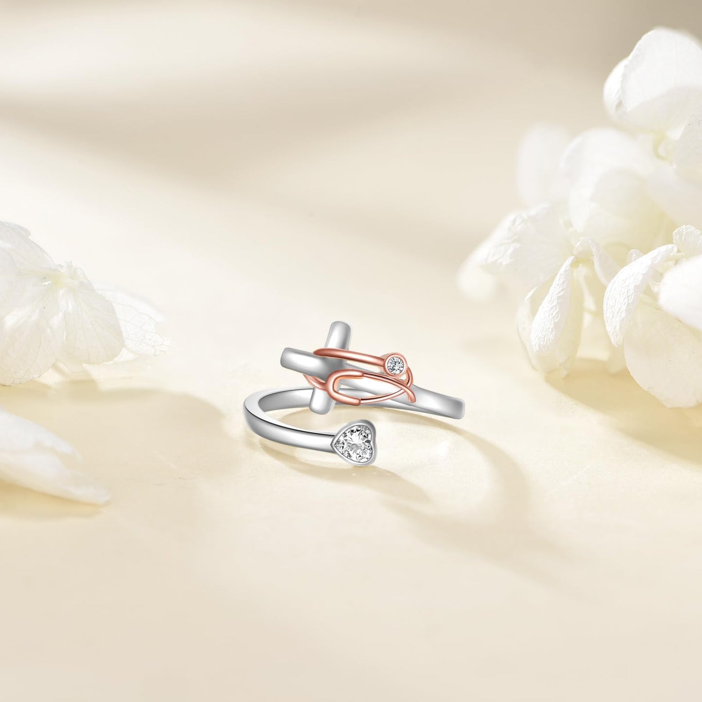 JBAERD Personalized Stethoscope Cross Ring Sterling Silver Adjustable Stethoscope Heart Ring Cross Jewelry Gifts for Women