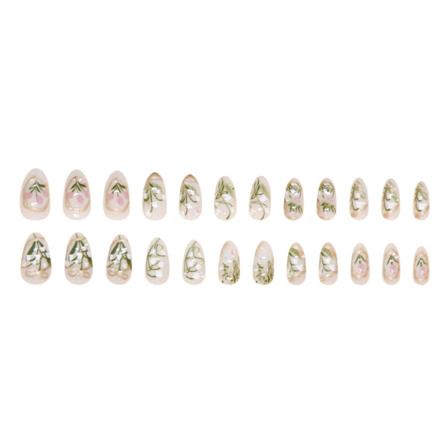 Hkanlre Almond Fake Nude Nails Tips Full Cover False Medium Nails Summer Flower Press on Nails for Women 24PCS