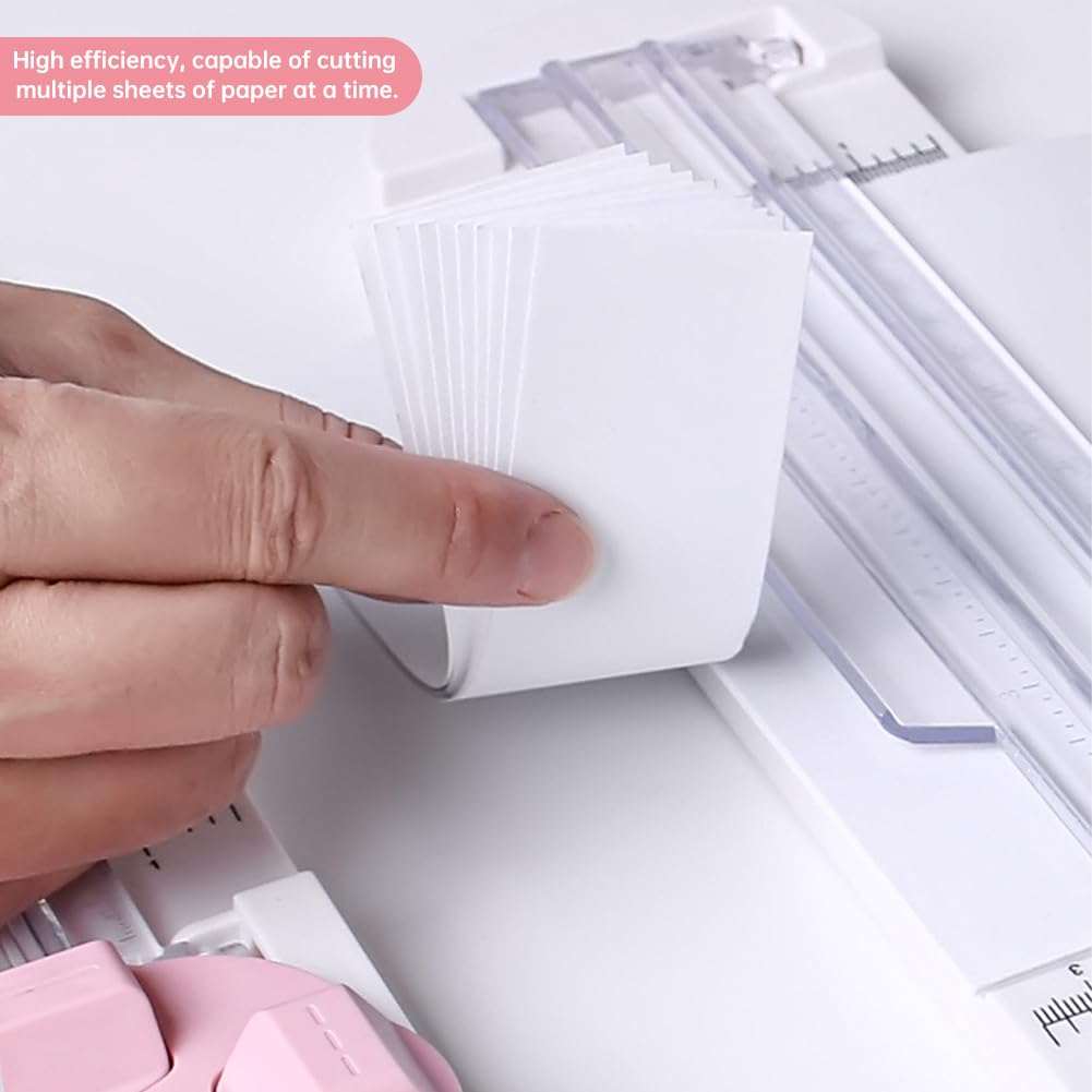 Paper Cutter,4-in-1 Paper Trimmer,Photo Cutter,Multi-Function Scrapbooking Tool with Dial Blades of Straight,Wave,Perforated,Creasing for Cutting Paper,Coupons,Postcards,Card (Pink)