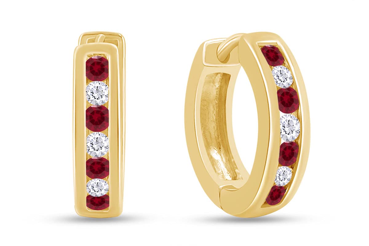 Huggie Earrings for Women, 14K Yellow Gold Over Sterling Silver Hoop Earrings with Simulated Ruby and White Cubic Zirconia, Dainty Elegant Jewelry Gift