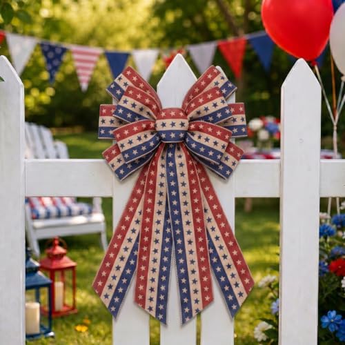Large 4th of July Patriotic Wreath Bow USA 250th Anniversary Ribbon Bows for Wreaths, Stars and Stripes Tree Topper Bow Red White and Blue Decor Bows for Home Indoor Outdoor Wreath Ornament (Style A)