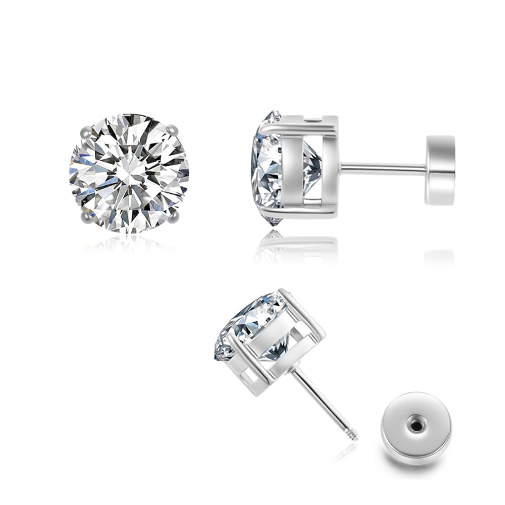 Hypoallergenic Flat Back CZ Stud Earrings, Gold Plated Surgical Steel Secure Screw Back Cartilage Earrings for Women Men with Sensitive Ears | Multiple Piercing,4mm White CZ