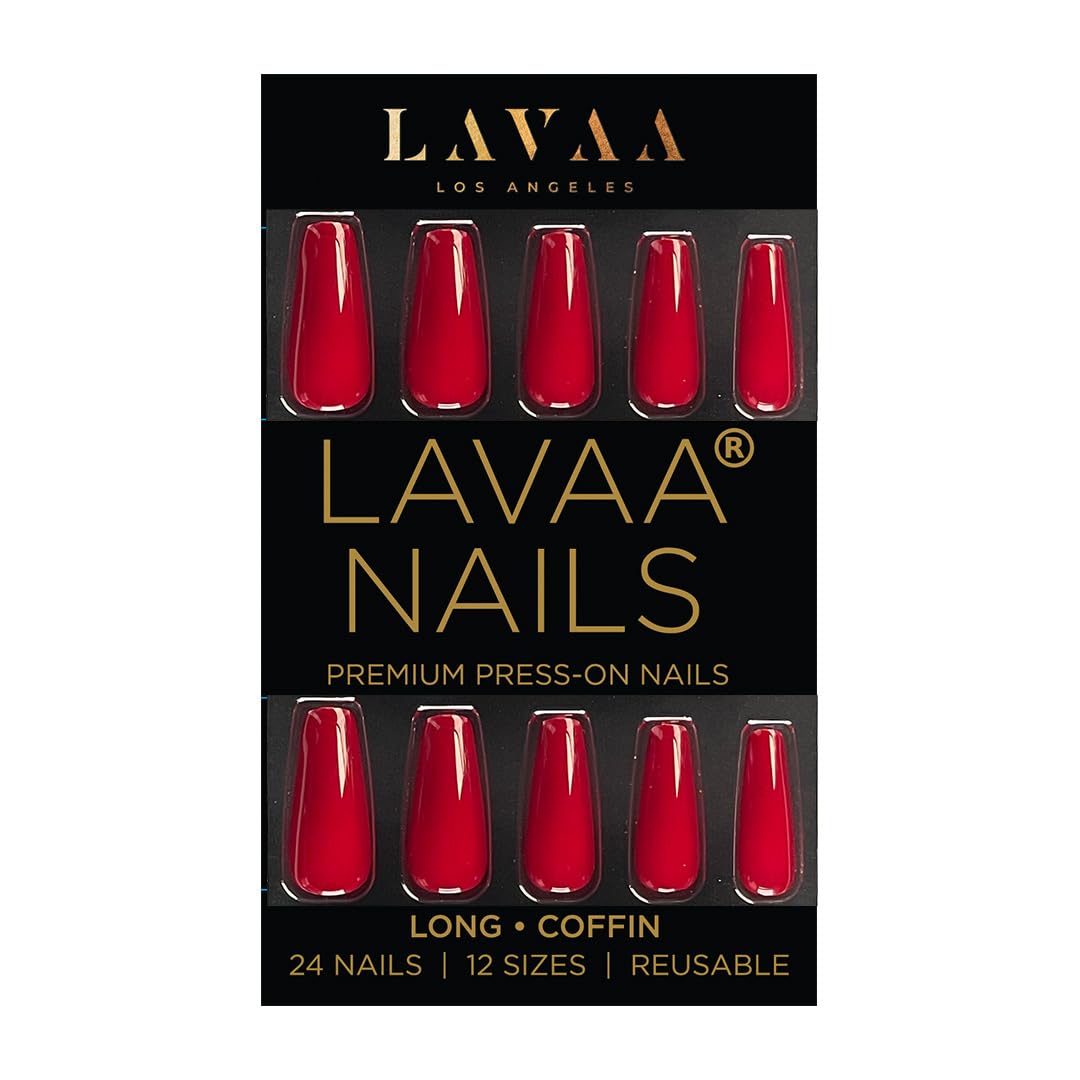 CLASSIC RED Press-On Nails by Lavaa Beauty | Glossy Hot Red Long Coffin Nails