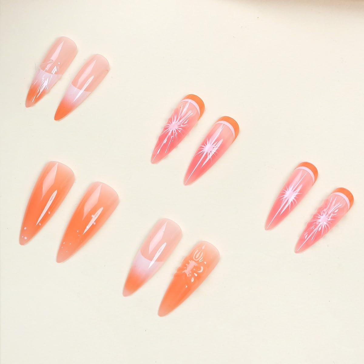 24Pcs Flower Press on Nails Medium Stiletto Fake Nails with 3D Orange Design Stick on Nails French Tips Nail Press Ons Water Ripple False Nail Summer Acrylic Glue on Nail for Women Manicure