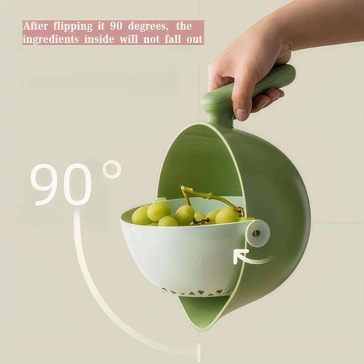 Elite Aiwei 2-1 Kitchen Colander Rotating Washing Basket with Handle - Pasta Strainer - Fruit Washing Bowl with Strainer - Fruit Rinser Container (Avocado Green)