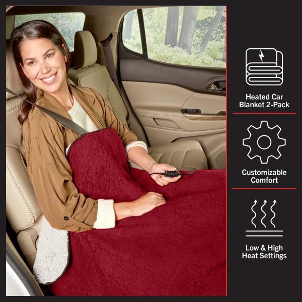Stalwart Heated Car Blanket 2-Pack - 12V Heated Blanket for Car, RV or Camping - 57x39” Portable Electric Travel Throw - 2 Heat Levels - Tailgating Essentials (Red)