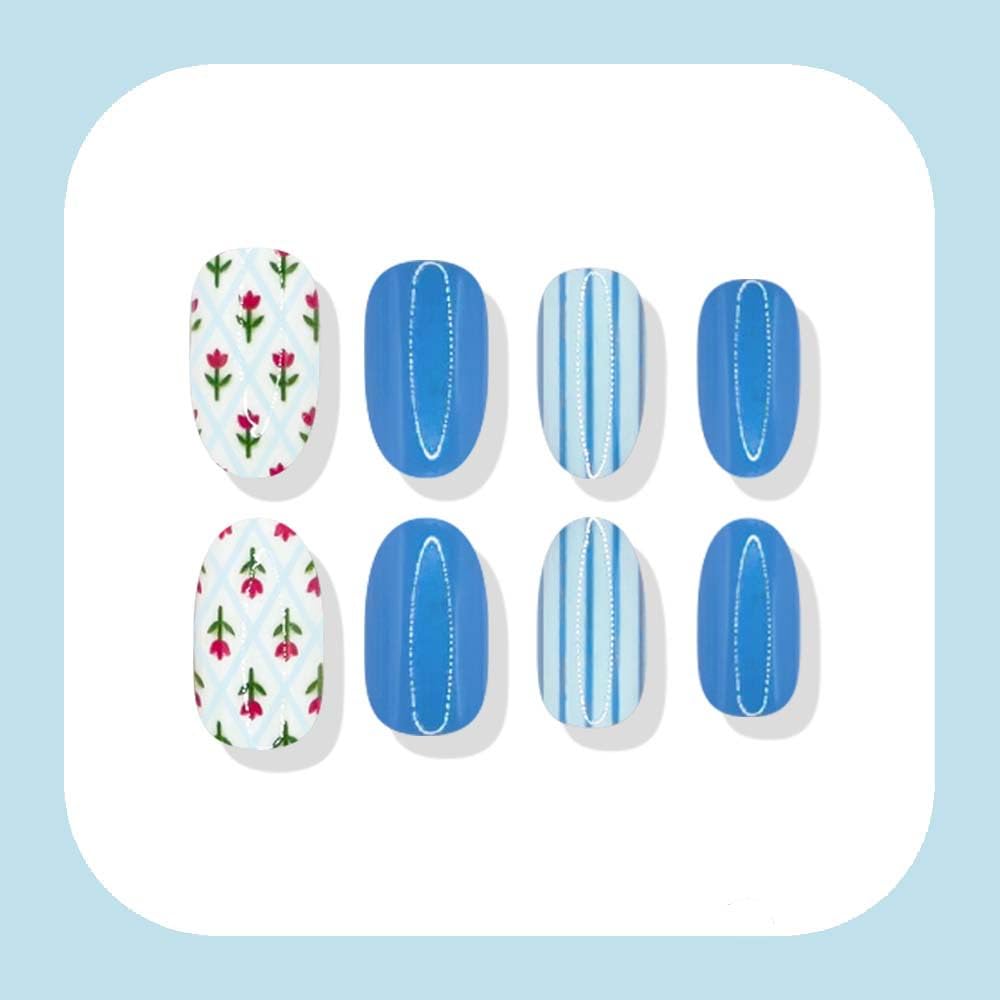 WLGDLH Blue Press on Nails Short Oval Fake Nails, Summer False Nails Press ons Nail Art Tips with Red Flower Stripes Design, White Glossy Finish Glue on Nails Stick on Nail for Women Manicure 24 Pcs