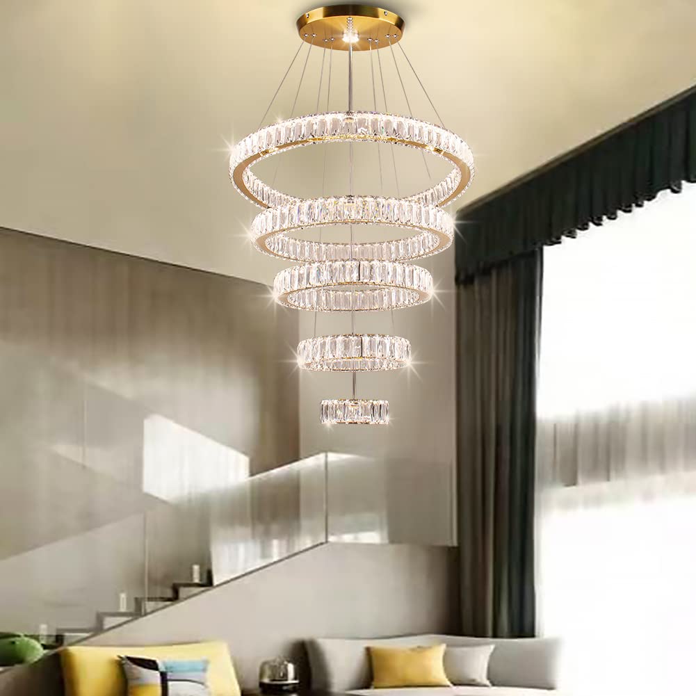 Dixun LED Big Crystal Chandeliers Modern 5 Rings Pendant Light Adjustable Ceiling Light for Bedroom Dinning Room Kitchen (Multicolor,Control by Switch)