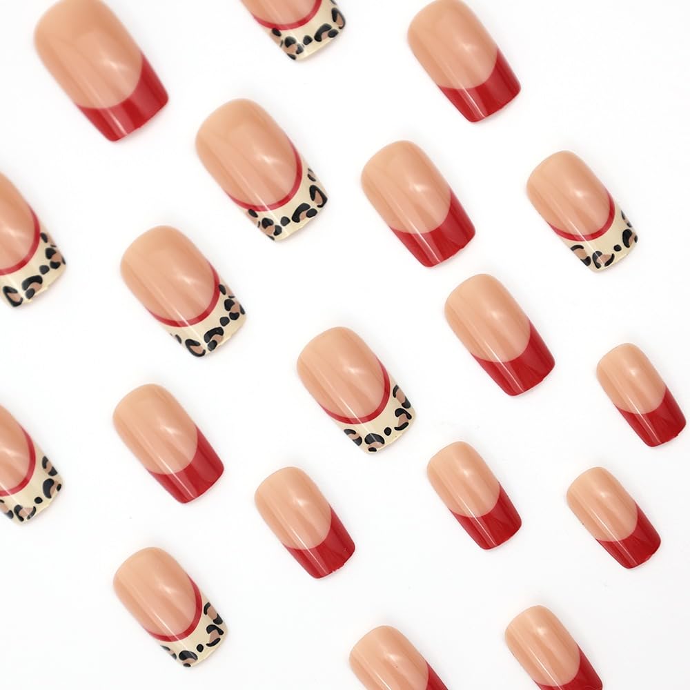 French Tip Press on Nails - Short Square Fake Nails with Leopard Print Design - Red Full Cover Stick on False Nails for Women 24 Pcs