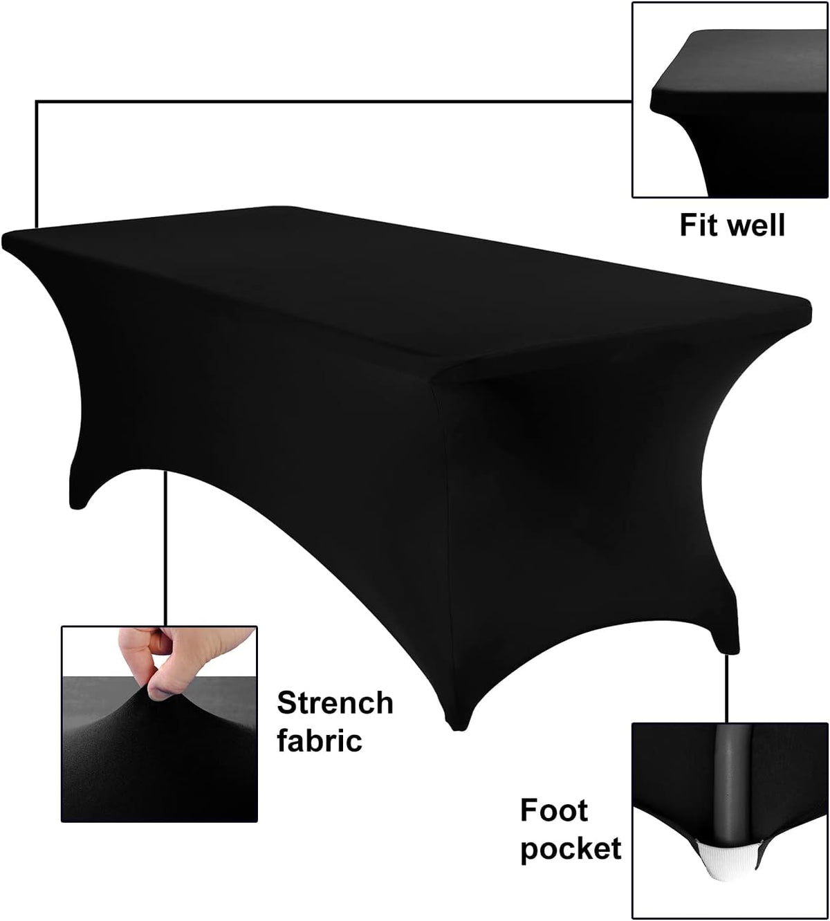 Spandex 8ft Waterproof Table Cover for Party,Wedding, Banquet, and Events(Black)