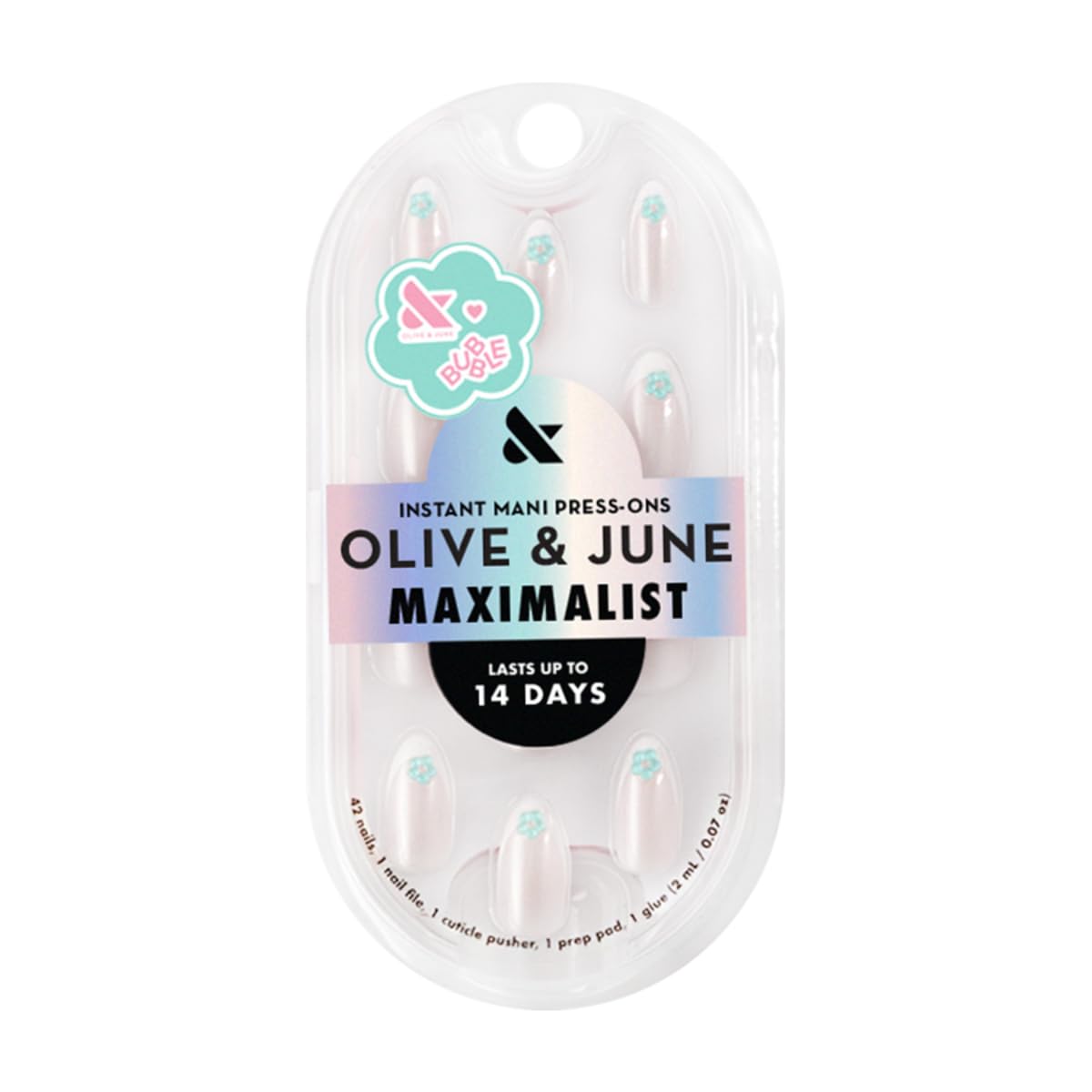 Olive & June Maximalist Instant Mani Press-On Nails (Glue) | 42 Fake Nails, 21 Sizes | Non-Toxic, Long-Lasting Big, Bold Gorgeous Realistic Look | Medium, Almond | Puffy Flower Chrome French