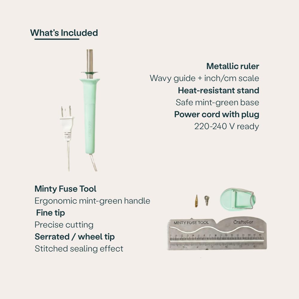Craftelier - Minty Fuse Tool – Heat Sealing & Cutting Tool for Plastic Sheets, Create Custom Pockets, Shakers & Crafts – Includes Fine Tip, Toothed Tip, Metal Ruler Guide & Rest Stand – Mint Green