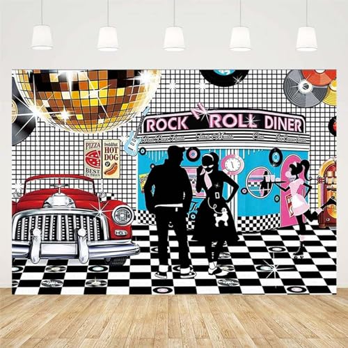 Disco Retro Style Photo Backdrop - 50's Rock Roll Prom Dance Birthday Diner Party Decor - Classic Car Party Decoration Banner, 7x5FT