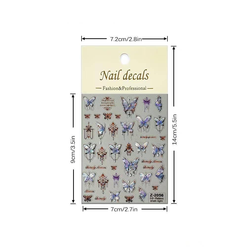 5D Embossed Nail Stickers Shell Light Butterfly Nail Decals 1PCS Butterfly Nail Art Stickers Decals Bronzing Blue Design Spring Summer Manicure Accessories for Women DIY Nail Art Decorations