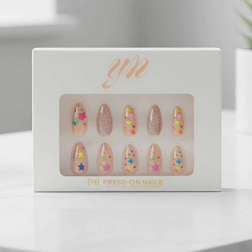 YN Young Nails Press On Nails - Glue On Fake Nails for Women,Medium Oval Shape, Includes Nail Glue, File, Tabs, Quick and Easy Application (Rainbow Orbit)
