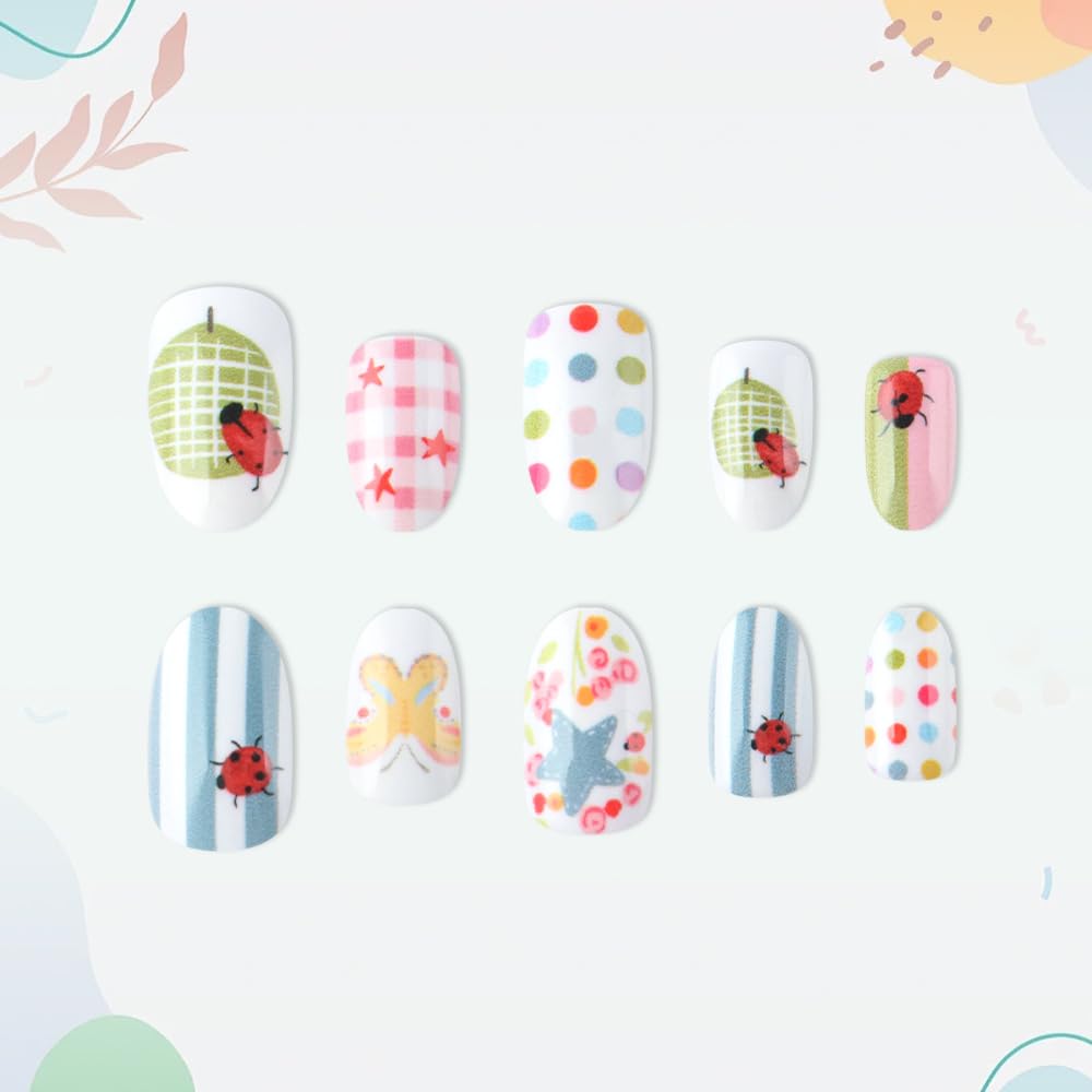 24Pcs Summer Press on Nails Short Oval Fake Nails QUNQINLI False Nails with Colorful Polka Dot Striped Ladybug Designs Acrylic Nails Press ons Full Cover White Glue on Nails Stick on Nail for Women