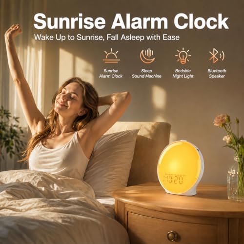 JALL Full-Screen Wake Up Light Sunrise Alarm Clocks for Bedrooms, White Noise Machine for Heavy Sleepers, 25 Natural Sounds, Dual Alarms, FM Radio, 17 Dimmable Colors, Bluetooth Speaker, Metallic Gray