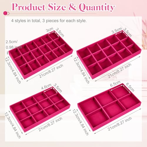 Junkin 12 Pcs Jewelry Tray Velvet Stackable Jewelry Organizer Trays Divided Earring Accessories Storage Containers Box (Rose Red) - color: Rose Red