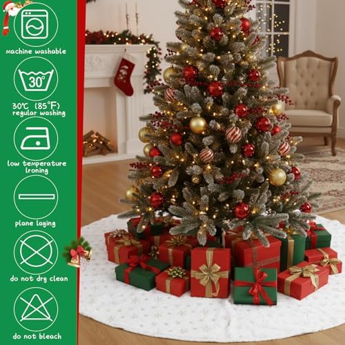 Libima 84 Inches Large Christmas Tree Skirt Faux Fur Xmas Tree Skirt White Plush Velvet with Gold Sequins Snowflakes for Xmas Decorations Merry Christmas Party Winter Home Holiday Ornaments