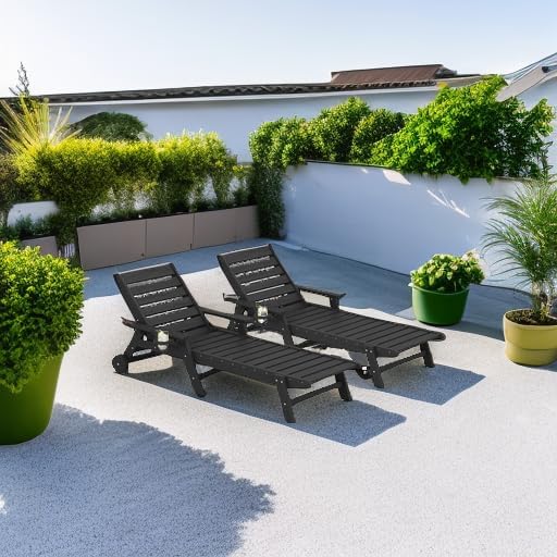 SERWALL Patio Chaise Lounge Chair Set of 2, 78'' Long 5-Positions Adjustable HDPE Outdoor Lounger for Pool, Poly Lounge Chair with Rolling Wheels & Cup Holder for Poolside, Deck, Obsidian Black