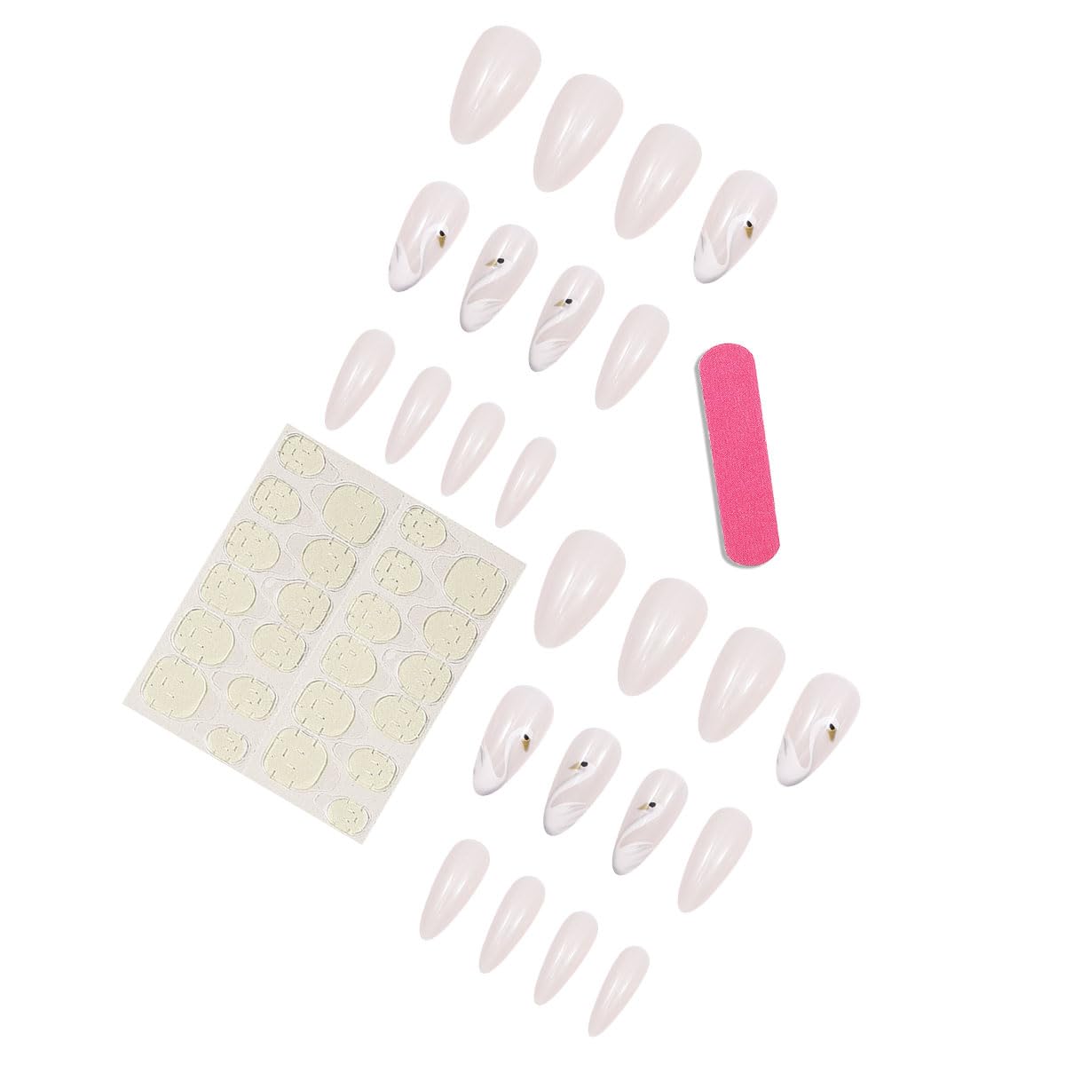 Nailora 24 Pcs White Swan Press On Nails | Almond Shape Stick On Nails | 3D Elegant Gel Glue False Nails | Ballet Aesthetic Manicure for Women