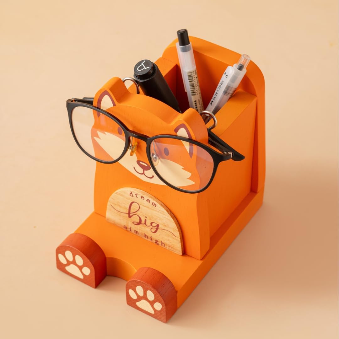 I'm Solid Wood Multipurpose Eyeglass Phone Pen & Pencil Holder Stand Stationery Desk Box Organizer Accessories Decor, Cute Home Office Desktop Decoration Birthday Graduation Gifts Fox Gifts (Fox)