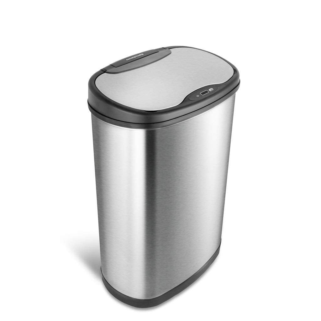 Ninestars 13 Gallon Oval Automatic Trash Can, 50L Touchless Motion Sensor Garbage Can with Odor-Sealing Lid & One-Touch Manual Mode, Silver Stainless Steel, Black Trim